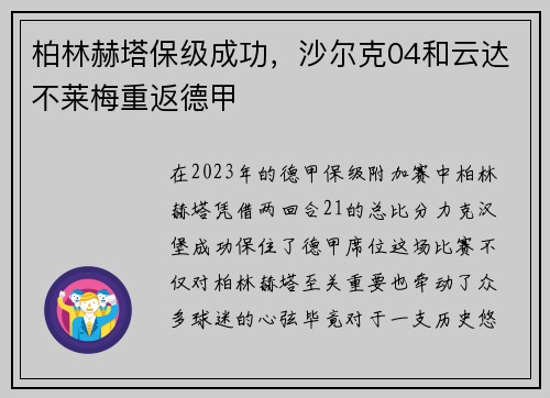 柏林赫塔保级成功，沙尔克04和云达不莱梅重返德甲