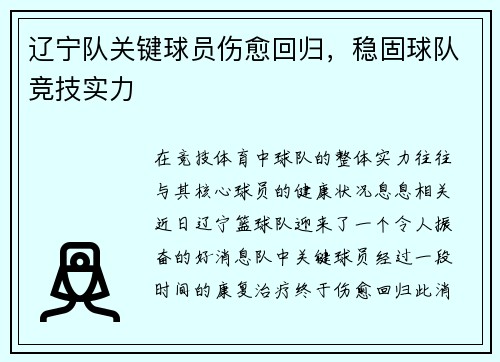 辽宁队关键球员伤愈回归，稳固球队竞技实力